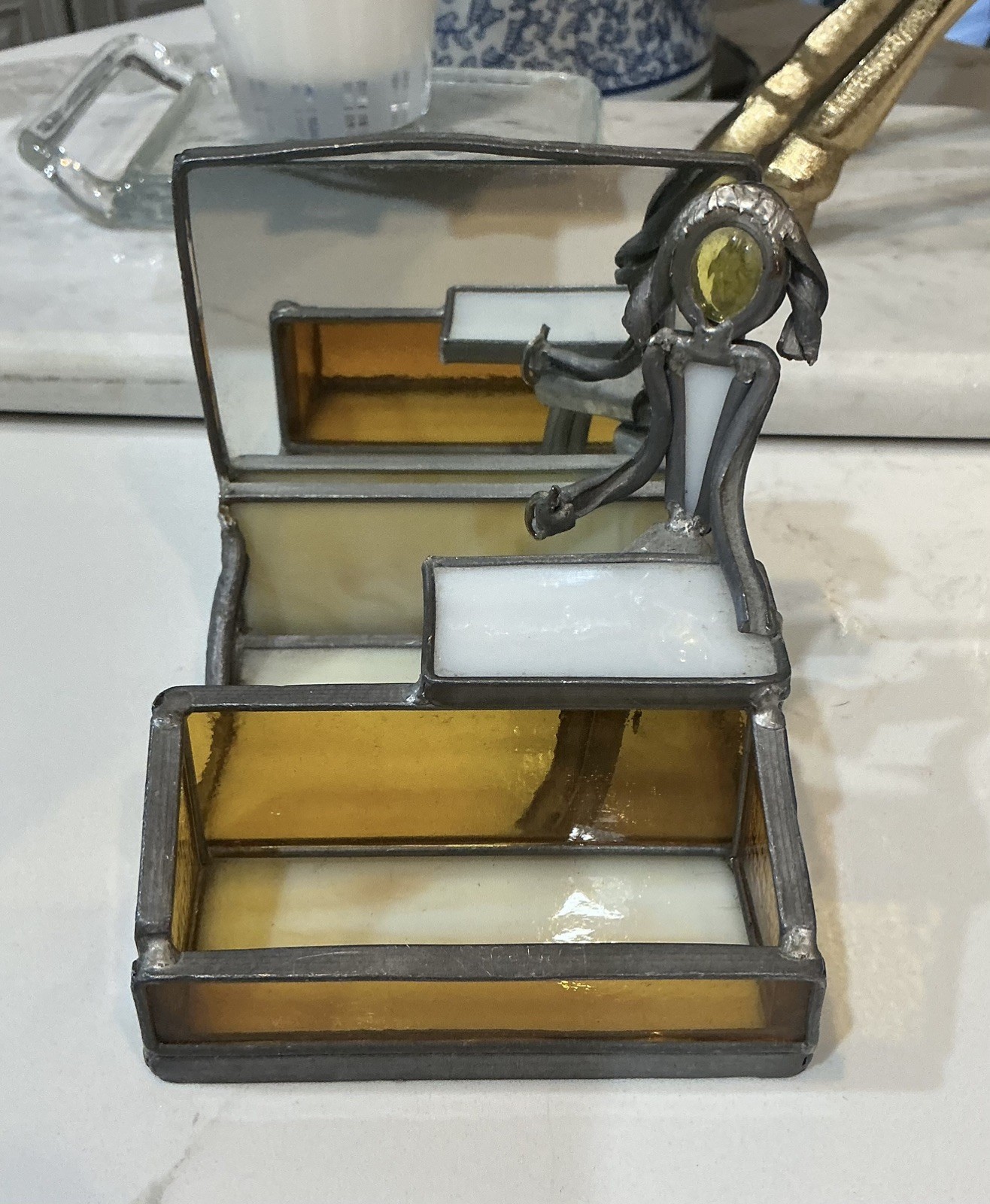Vintage Stained-Glass Business Card Holder By Carl Goeller FREE SHIPPING VGC