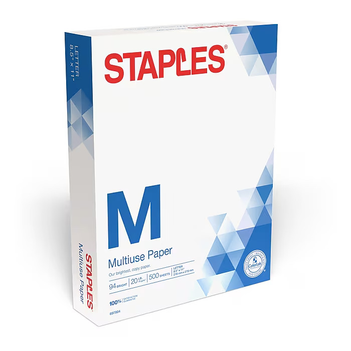 Staples Multipurpose Copy Paper 8.5×11 Letter 20lb 94 Bright 8 Reams 4000 Sheets