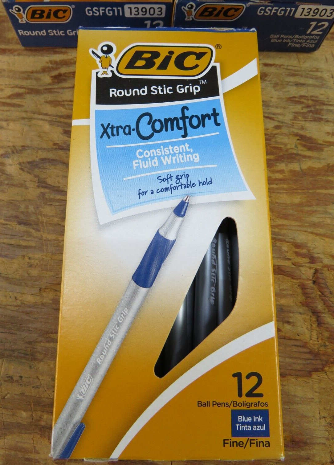 10 Boxes of 12 BIC Round Stic Grip Ballpoint Pen Fine 0.8 Blue 120 Total 13903