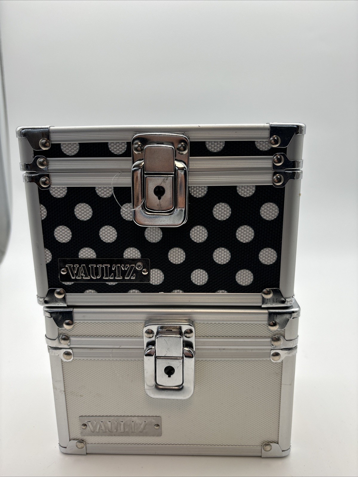 2 Vaultz Locking 3 x 5 Boxes Black w/ white Polka Dots & White with 2 Keys
