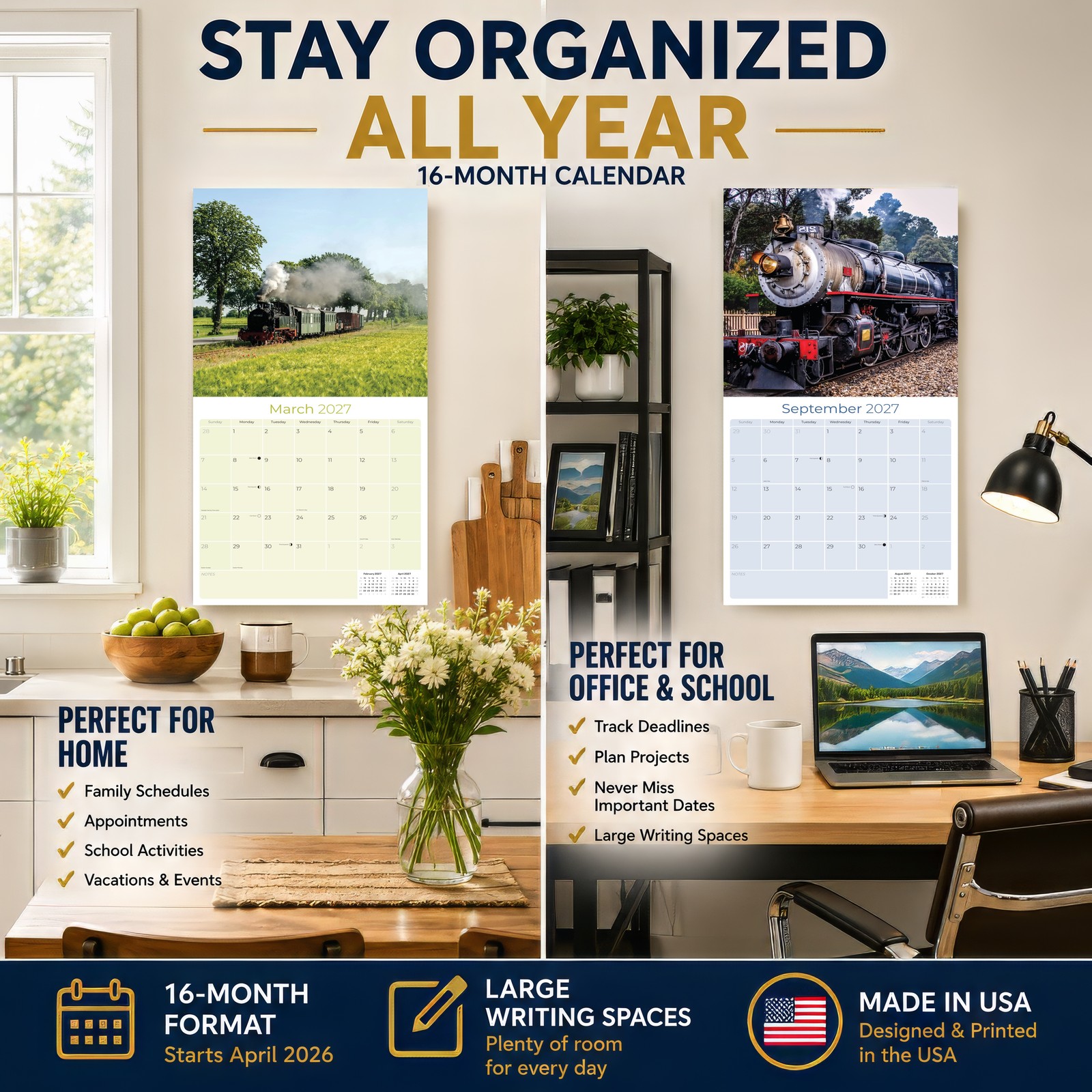 Steam Trains Calendar 2025 FULL SIZE 12×24 Made in USA