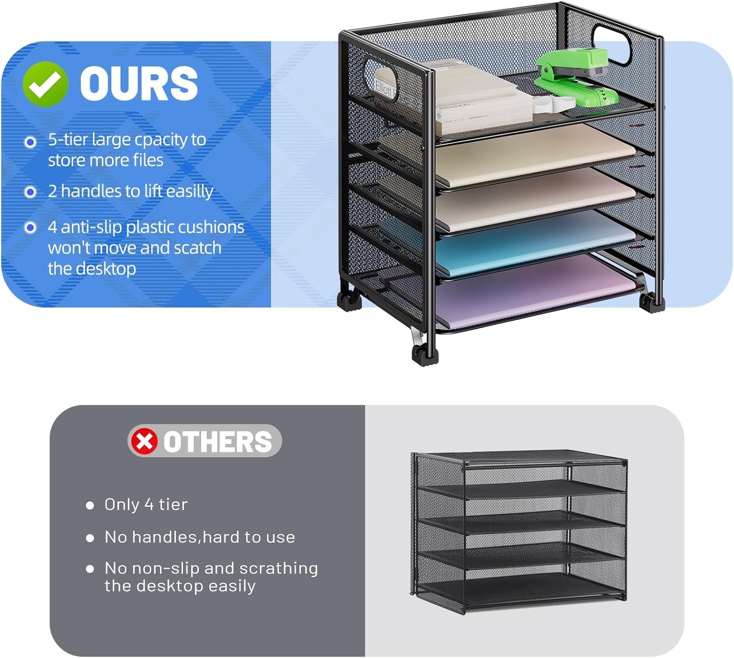 5-Tier Paper Organizer Letter Tray with Handle, Mesh Desk File Organizer Fold…