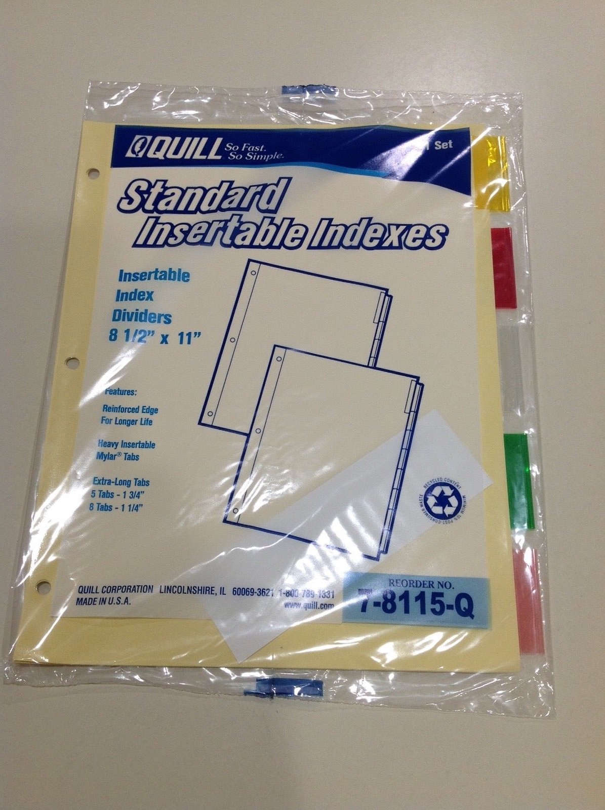 NEW one Quill Standard Insertable Indexes 5 Coloed Tab Set 11″ x 8.5″ 7-8115-Q