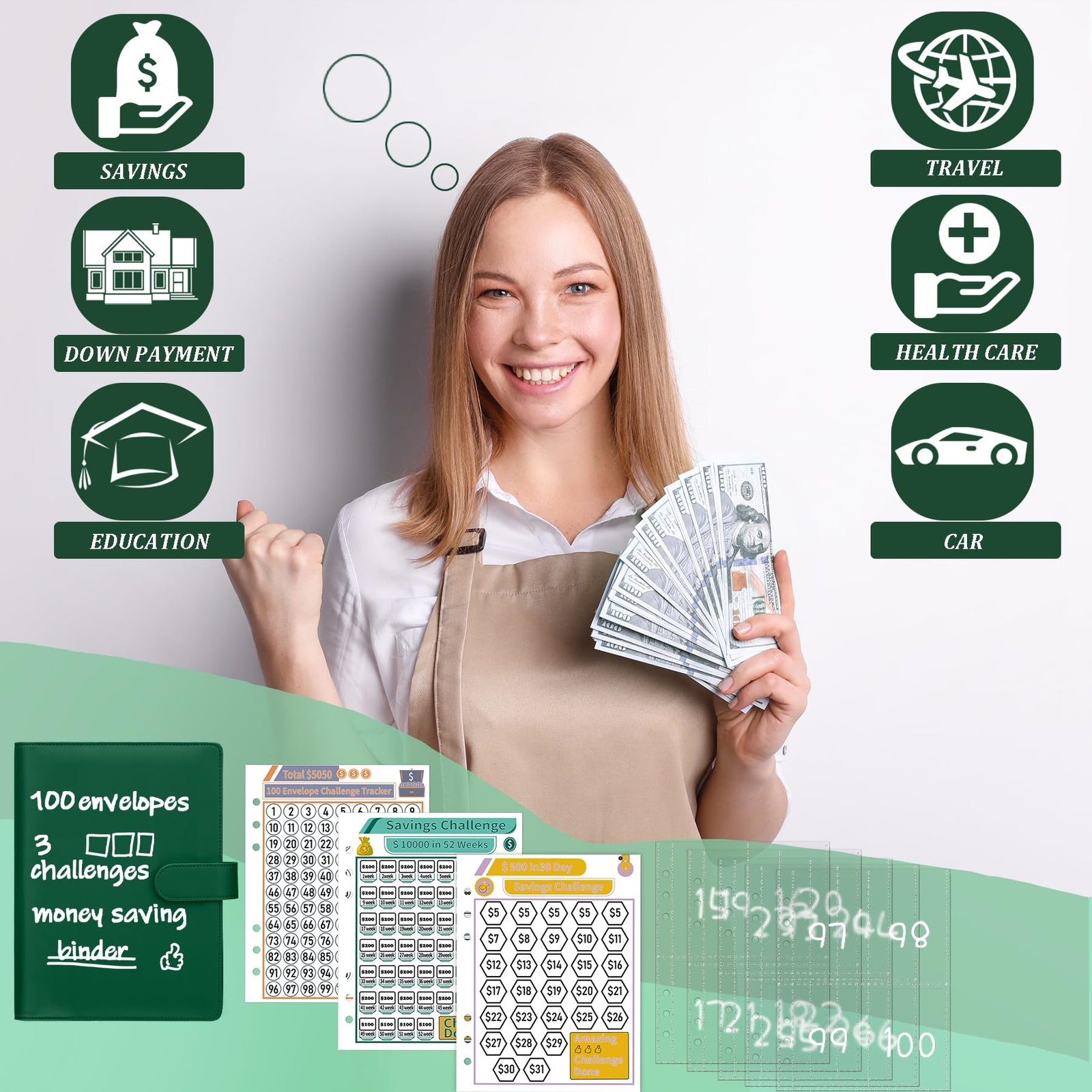 100 Envelopes Money Saving Challenge Binder Savings Challenges Book with Enve…
