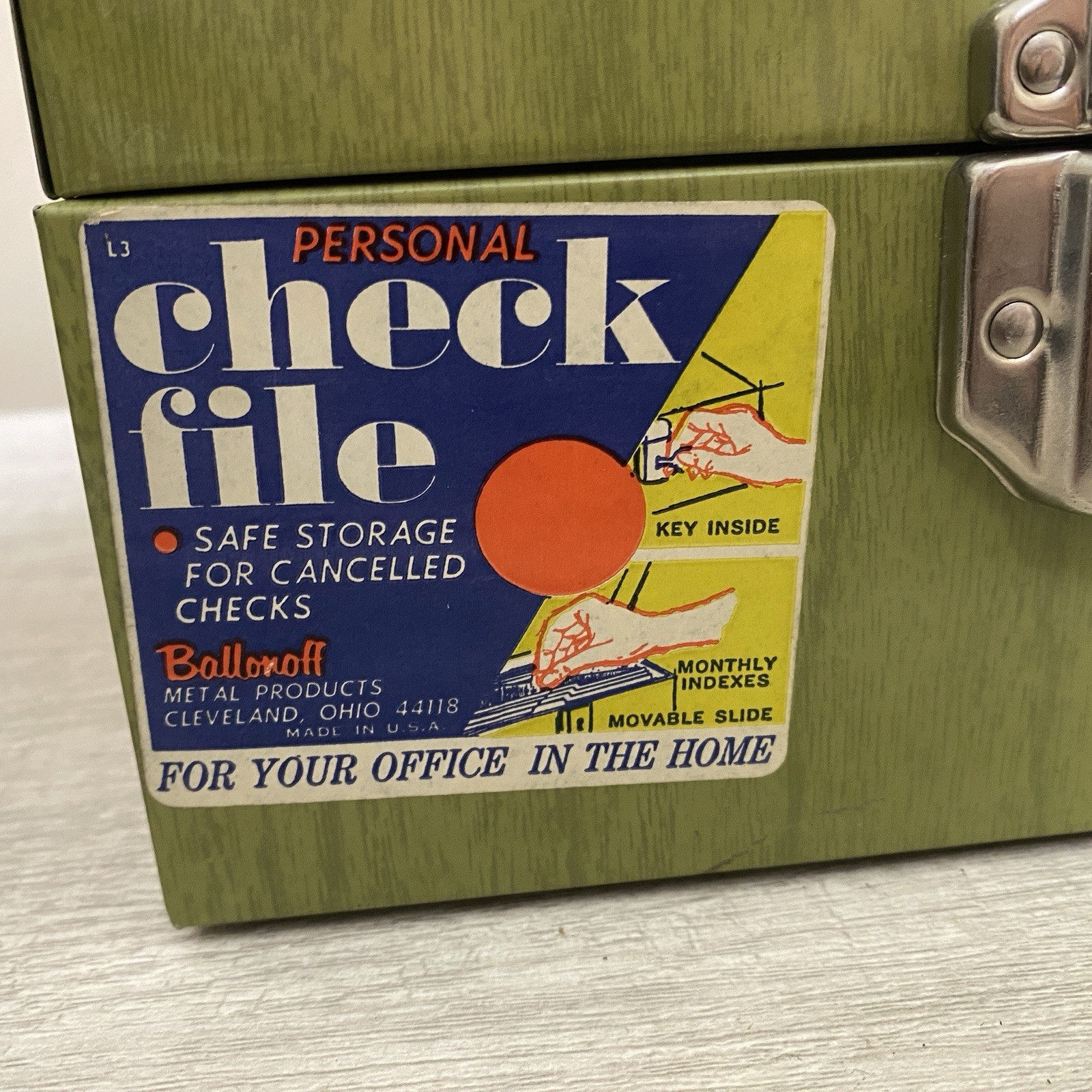 Vtg Ballonoff Check File Metal Safety Hinged Box MCM Green Key Retro Office USA