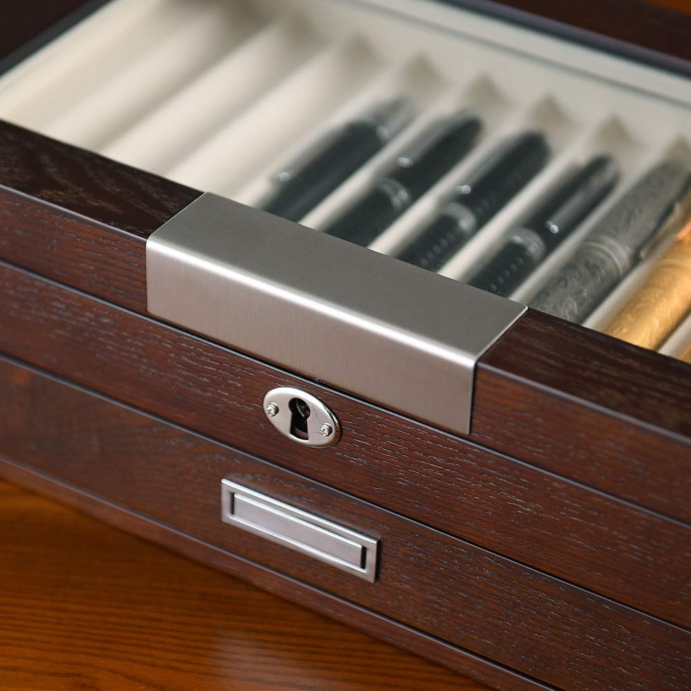 Wood Pen Organizer Box 24 Slot Fountain Pen Display Case with Drawer, Top Gla…