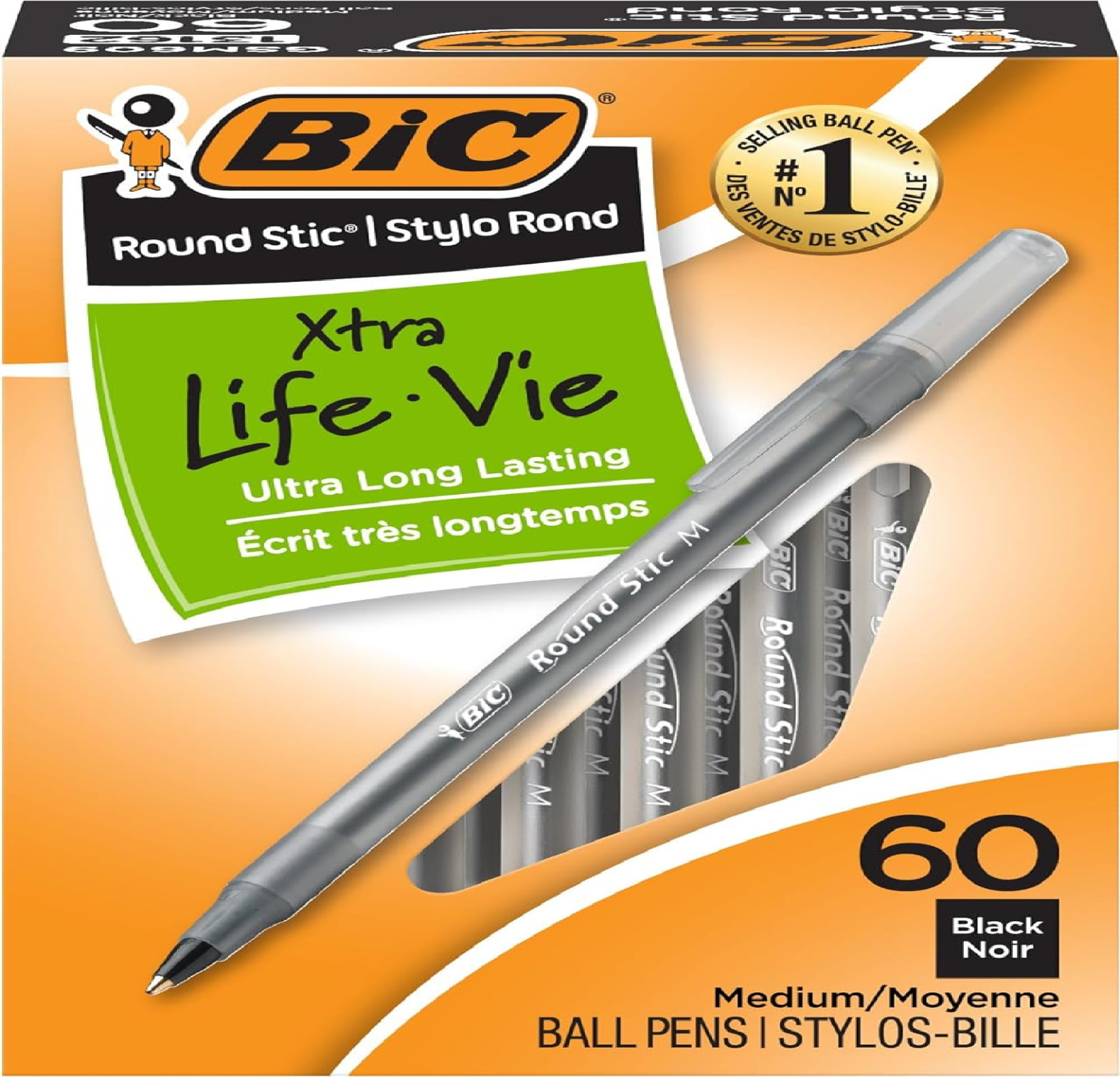BIC BICGSM609BK Medium 1.0mm Round Stic Ballpoint Pens, Black – 60 Count