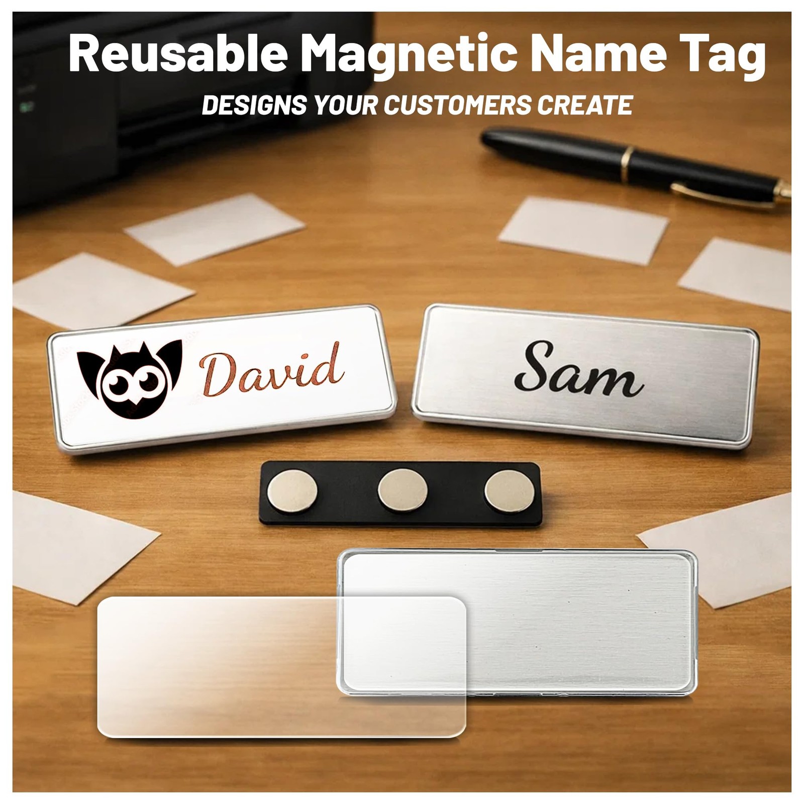 10 Pack Engravable Magnetic Name Holder + Clear Acrylic Cover.