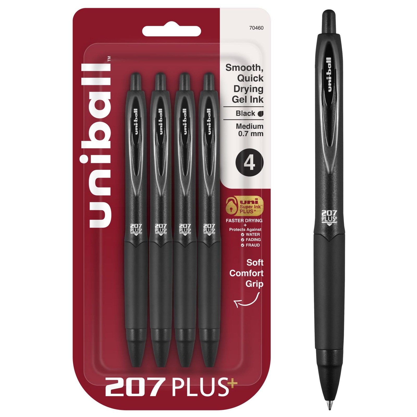 uniball 207 Plus+ Retractable Gel Pens, Medium 1 Count (Pack of 4), Black
