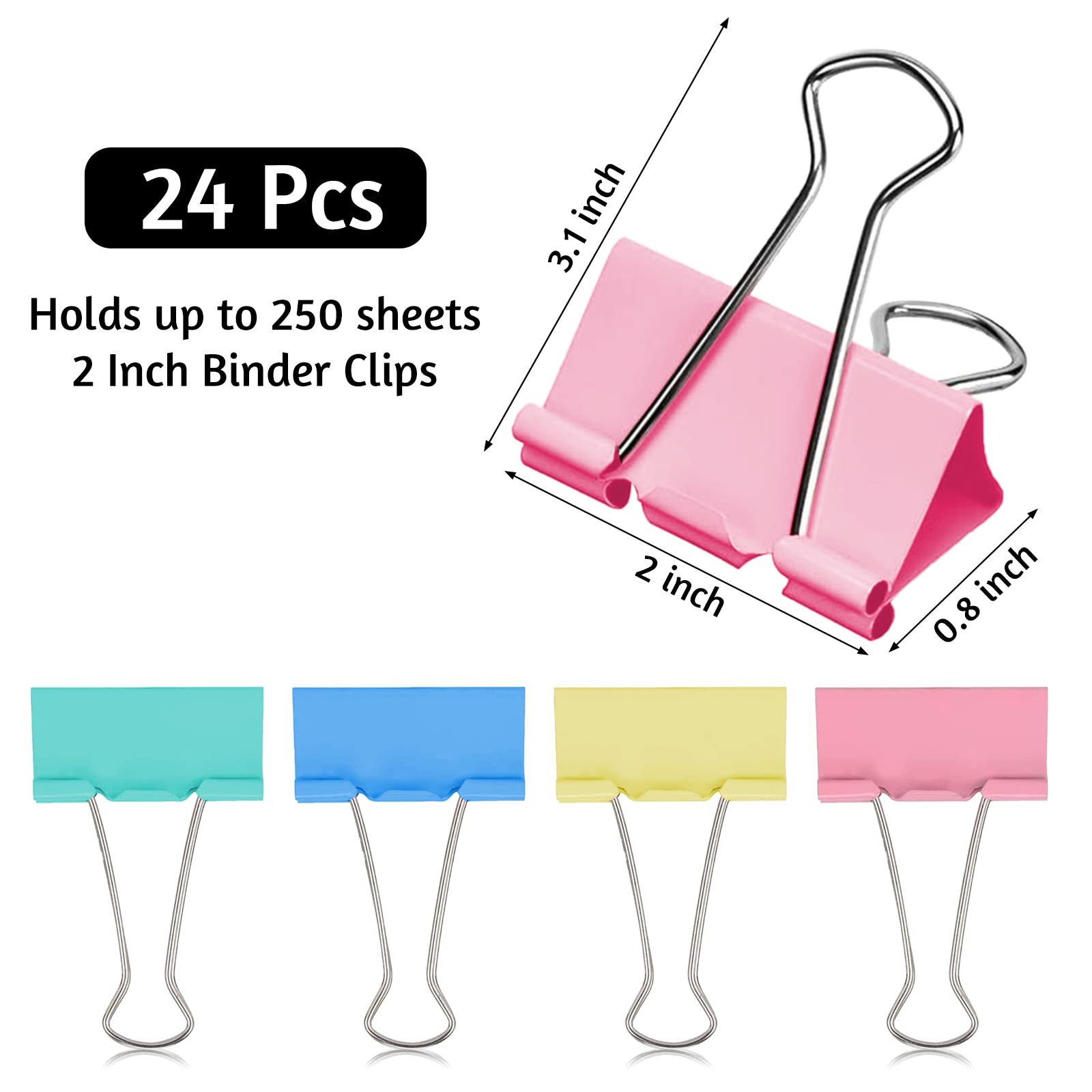 2 Inch Extra Large Binder Clips (24 Pack), Assorted Colors, 24 Pcs, Color
