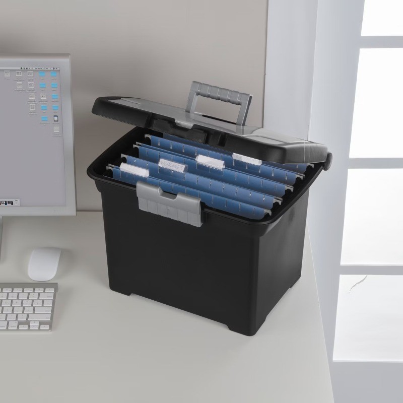 Medium Letter File Box Black: Plastic File Organizer with Handle & Clear Cover