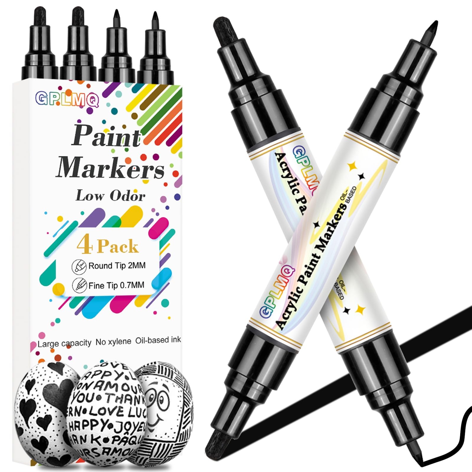 GPLMQ Black Paint Pens – 4 Pack Dual Tip Acrylic 1 Count (Pack of 4),