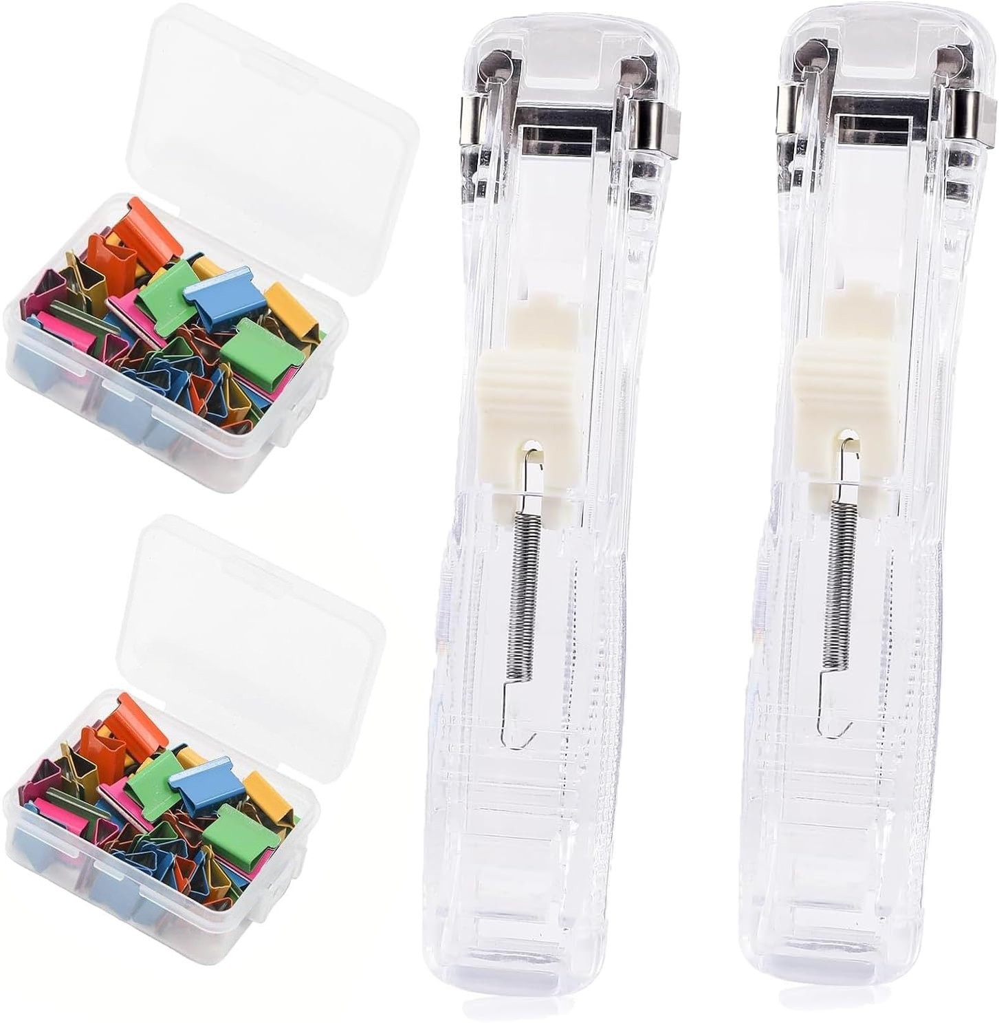 Portable Binder Clip Stapler,100 Clips,Desktop Office Clip Dispenser, White 2Pcs