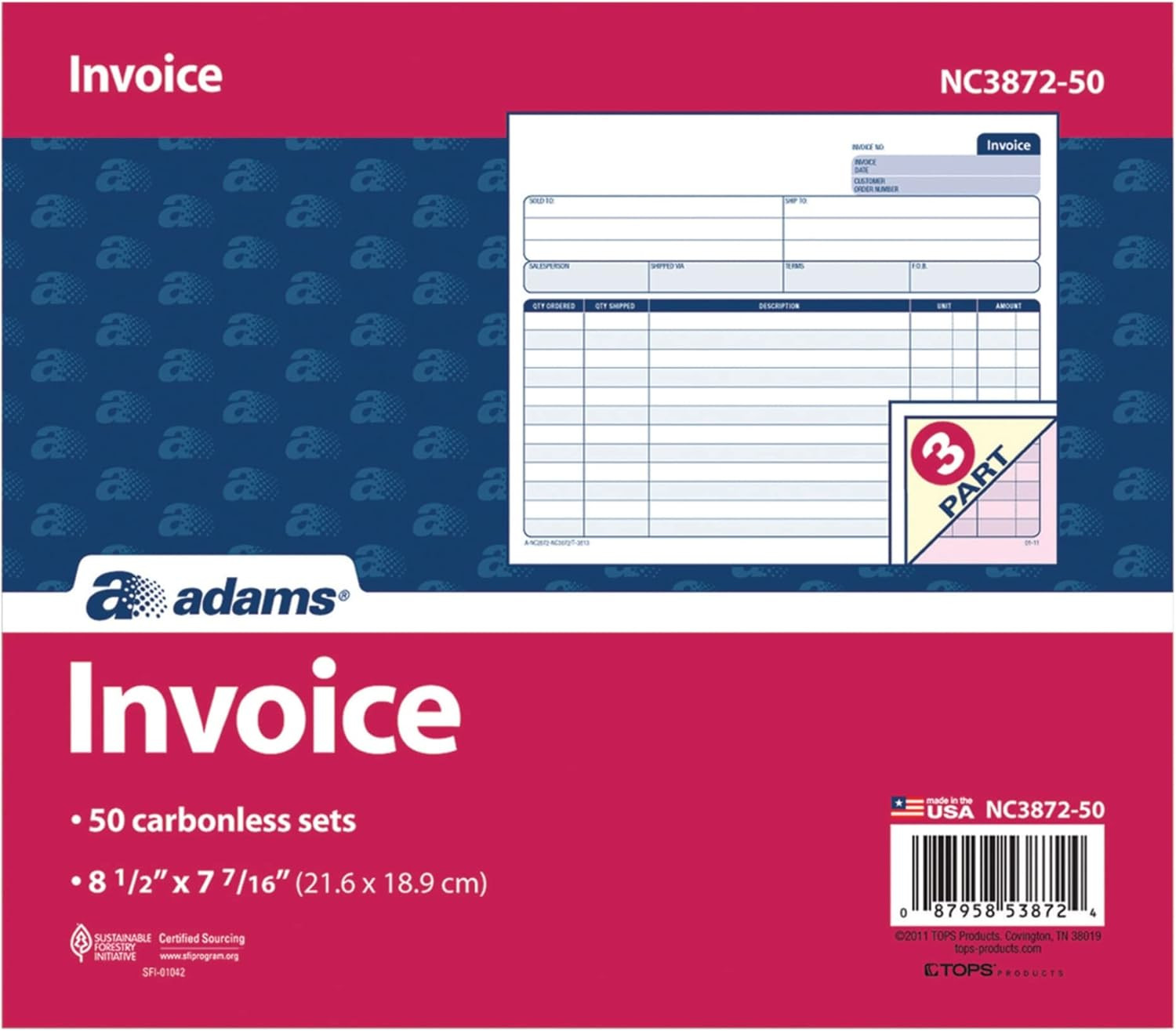 Adams Invoice Unit Sets, 7.44 X 8.5 Inch, 3-Part, Carbonless, White/Canary/Pink,