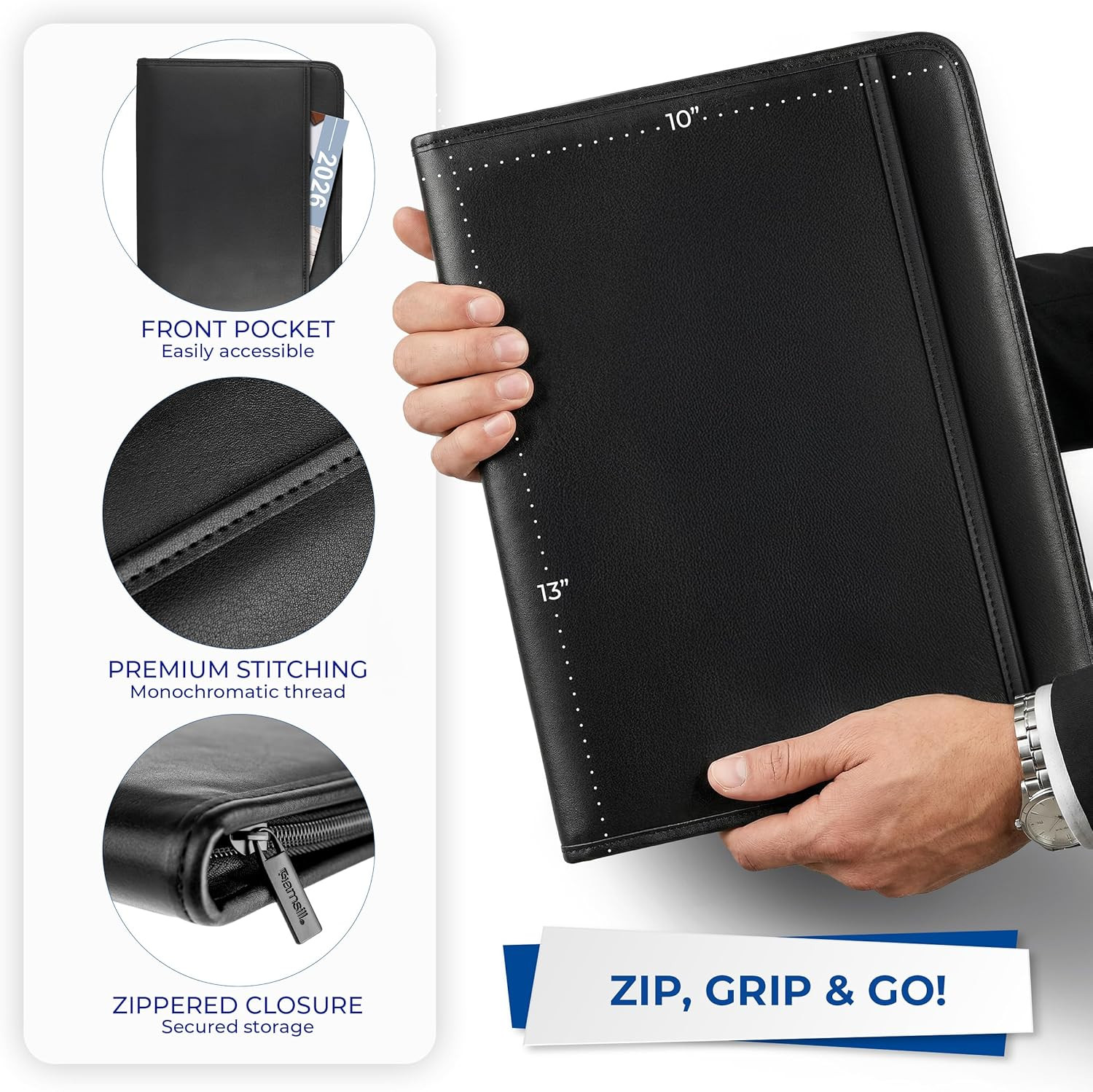 Professional Padfolio with Secure Zippered Closure, 10.1 Inch Tablet Sleeve, and