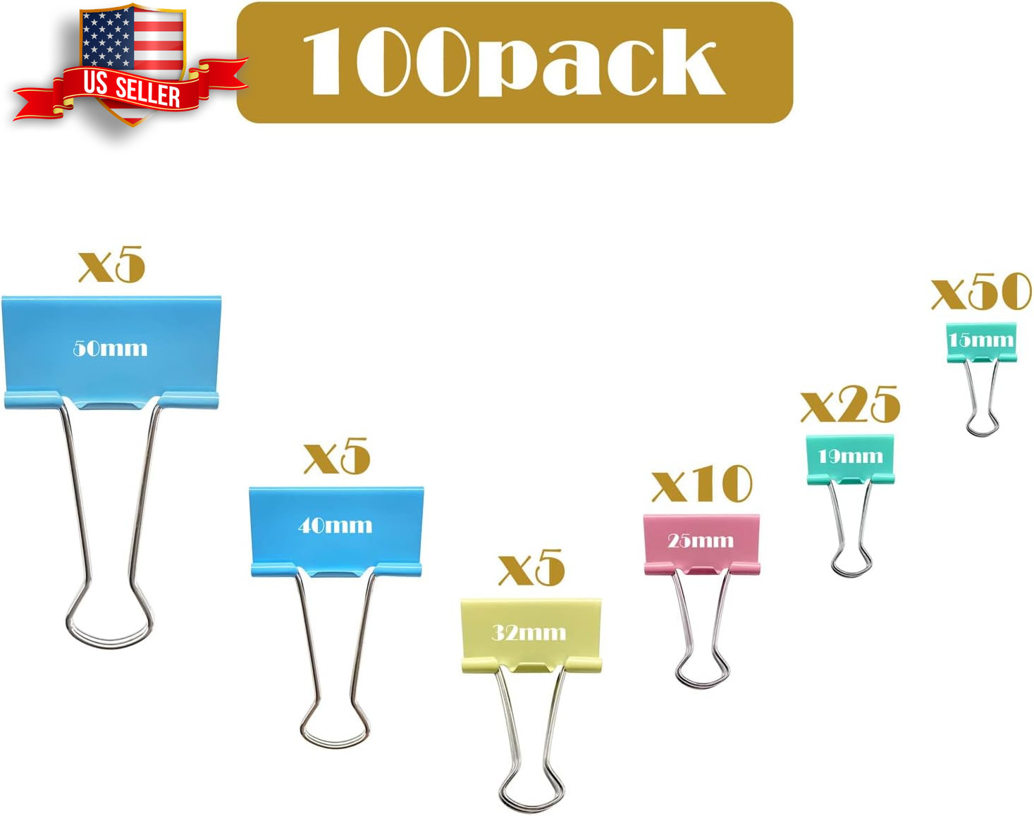 Assorted Metal Binder Clips 100 Pcs 6 Sizes Vibrant Colors Paper Clamps