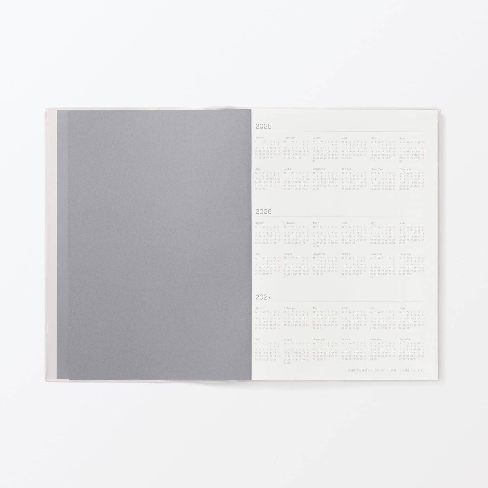 MUJI Planner 2026 Monthly/Weekly, Starting December 2025, B5, White Gray