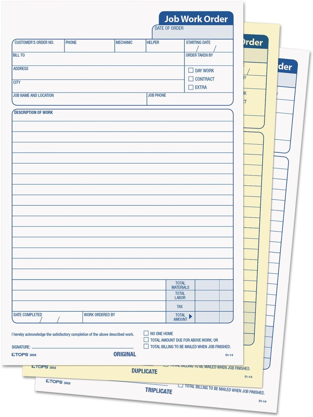 3868 Snap-Off Job Work Order Form, 5 2/3″ X 8 5/8″, Three-Part Carbonless (Pack