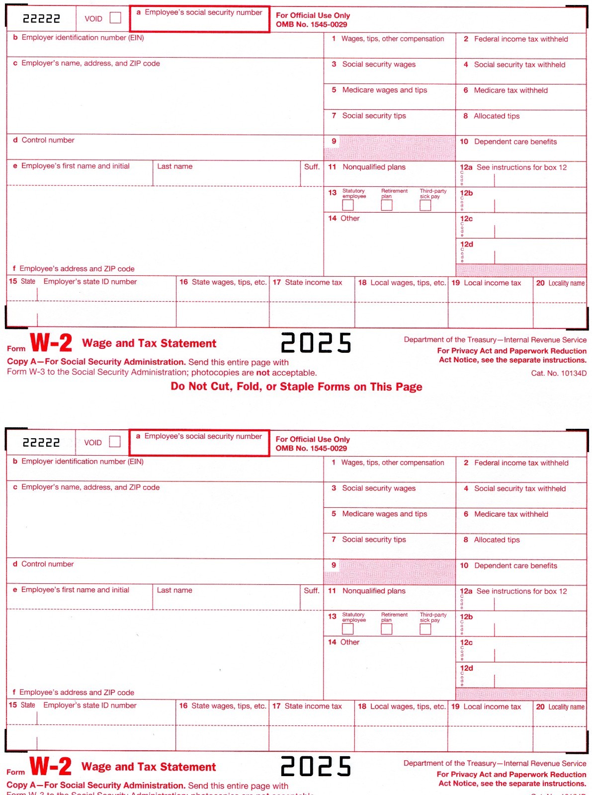 2025 IRS Tax Form W-2 -4 employees LASER and 1 W-3 with envelopes
