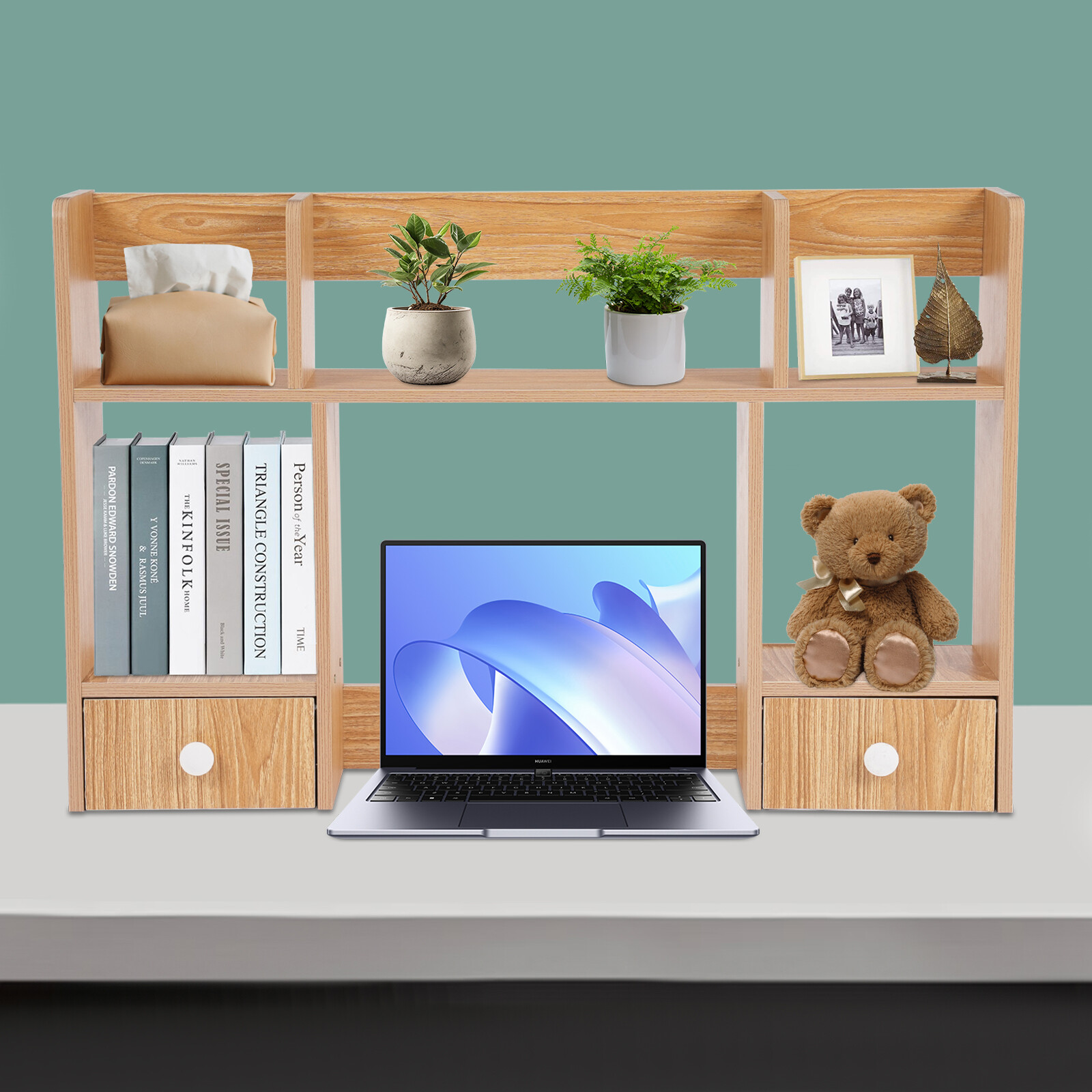 Desktop Storage Organizer Display Shelf Rack with 2 Drawers Desk Bookshelf Dorm