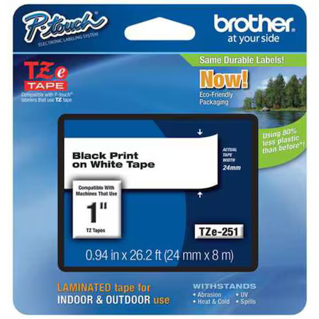 Brother Tze251g Continuous Label Tape, Pet, Black On White, 1 In W, 26.2 Ft L,
