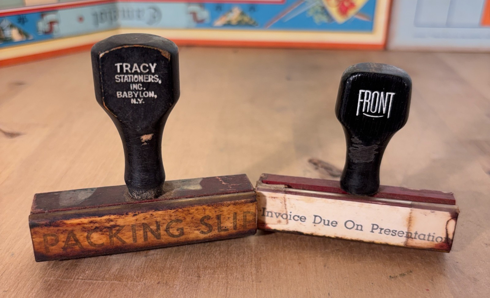 2 Vintage Rubber Office Desk Stamps PACKING SLIP, Invoice Due On Presentation