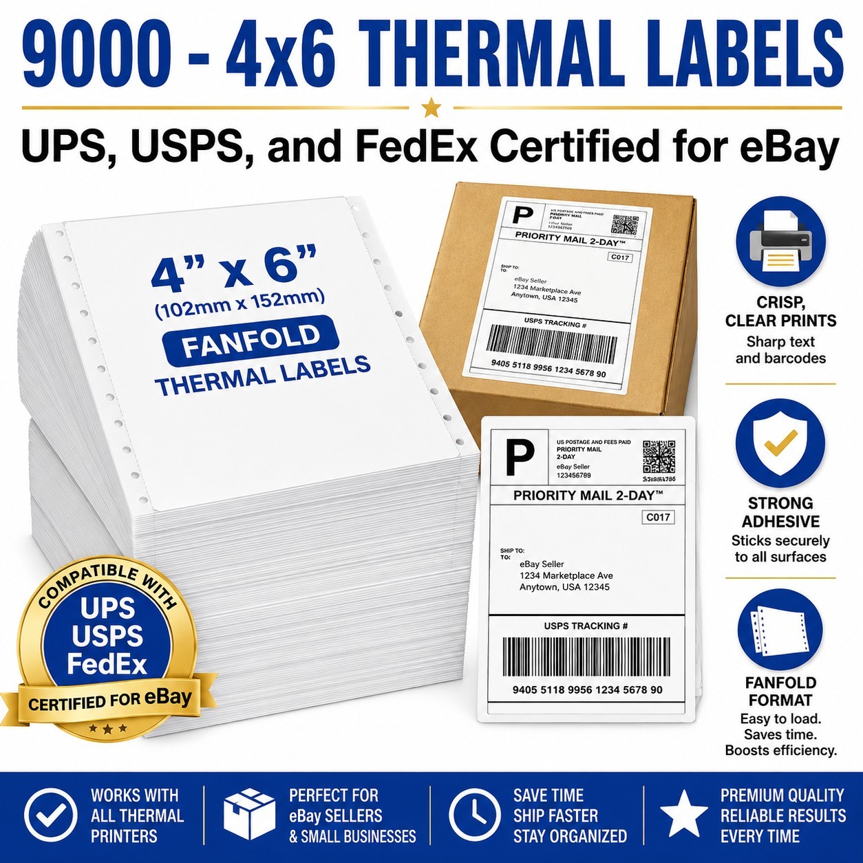 9000 4×6 Fanfold Thermal Shipping Labels UPS CERTIFIED / USPS fits most printers