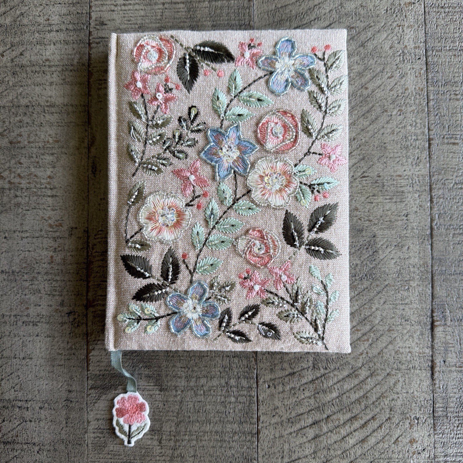 Handcrafted Embroidered Beaded Floral Journal Linen Handmade in India 8×6 Gift