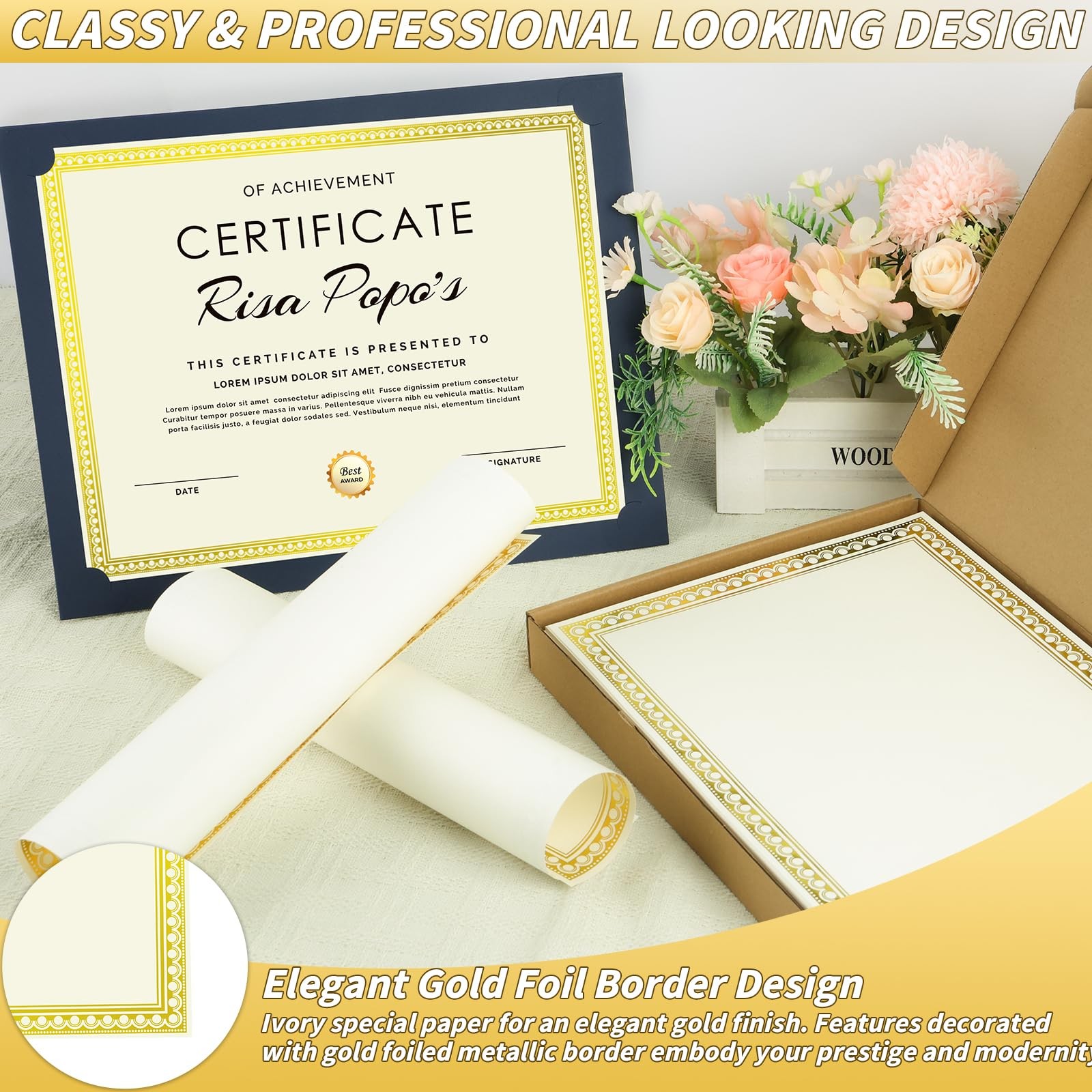 200 Sheet Gold Foil Award Certificate Paper Bulk 8.5 x 11 In for Printing Cus…