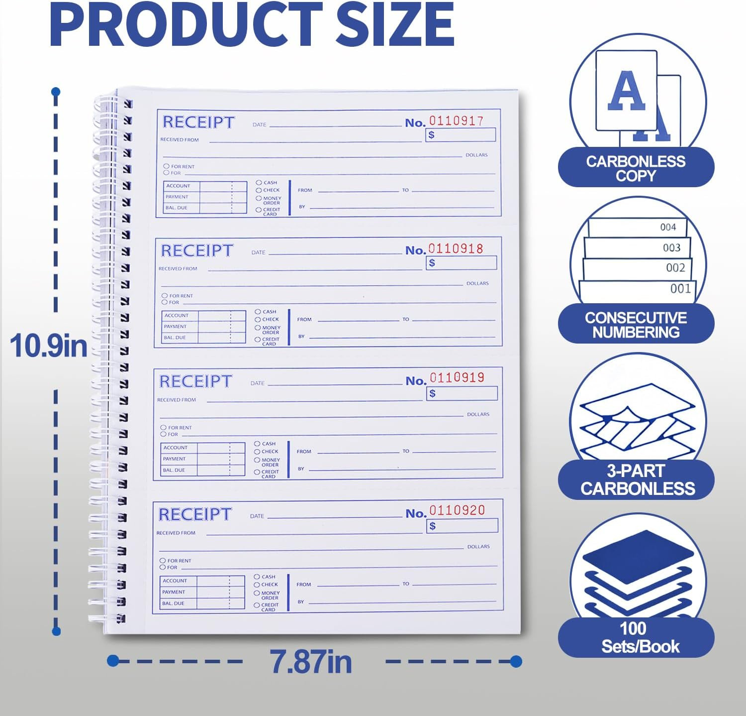 6 Pack Large Money and Rent Receipt Books with Cardboard Insert,7-5/8″ X