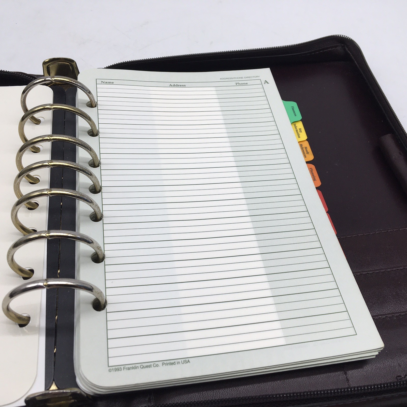 Vtg FRANKLIN COVEY Quest Brown Full Grain Leather 7 Ring Planner 9×11″ Full Zip