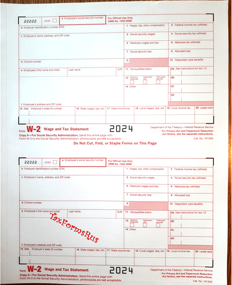 2024 IRS Tax Forms W-2 Wage Stmts for 4 employees NON-Carbonless +(1) W3, NO Env