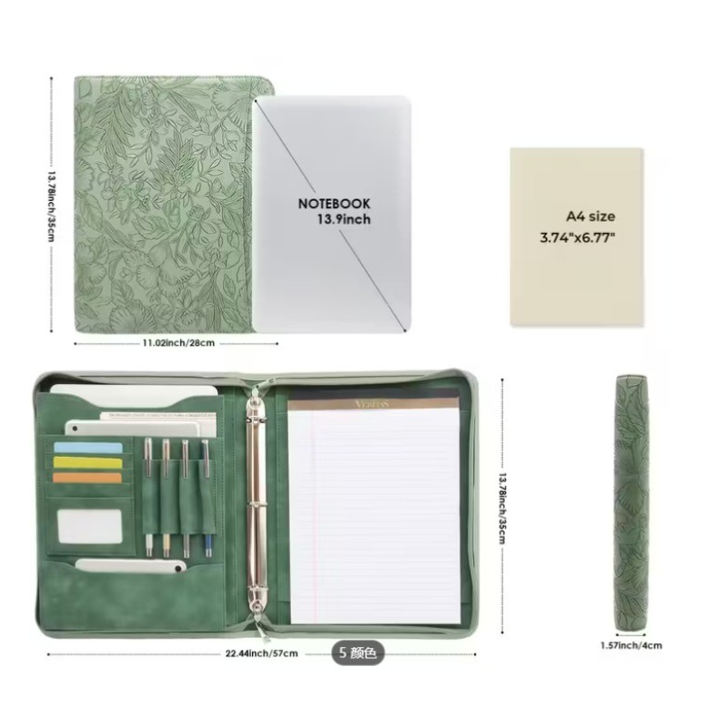 Leather Zippered Padfolio Binder – 3-Ring Business Portfolio Organizer