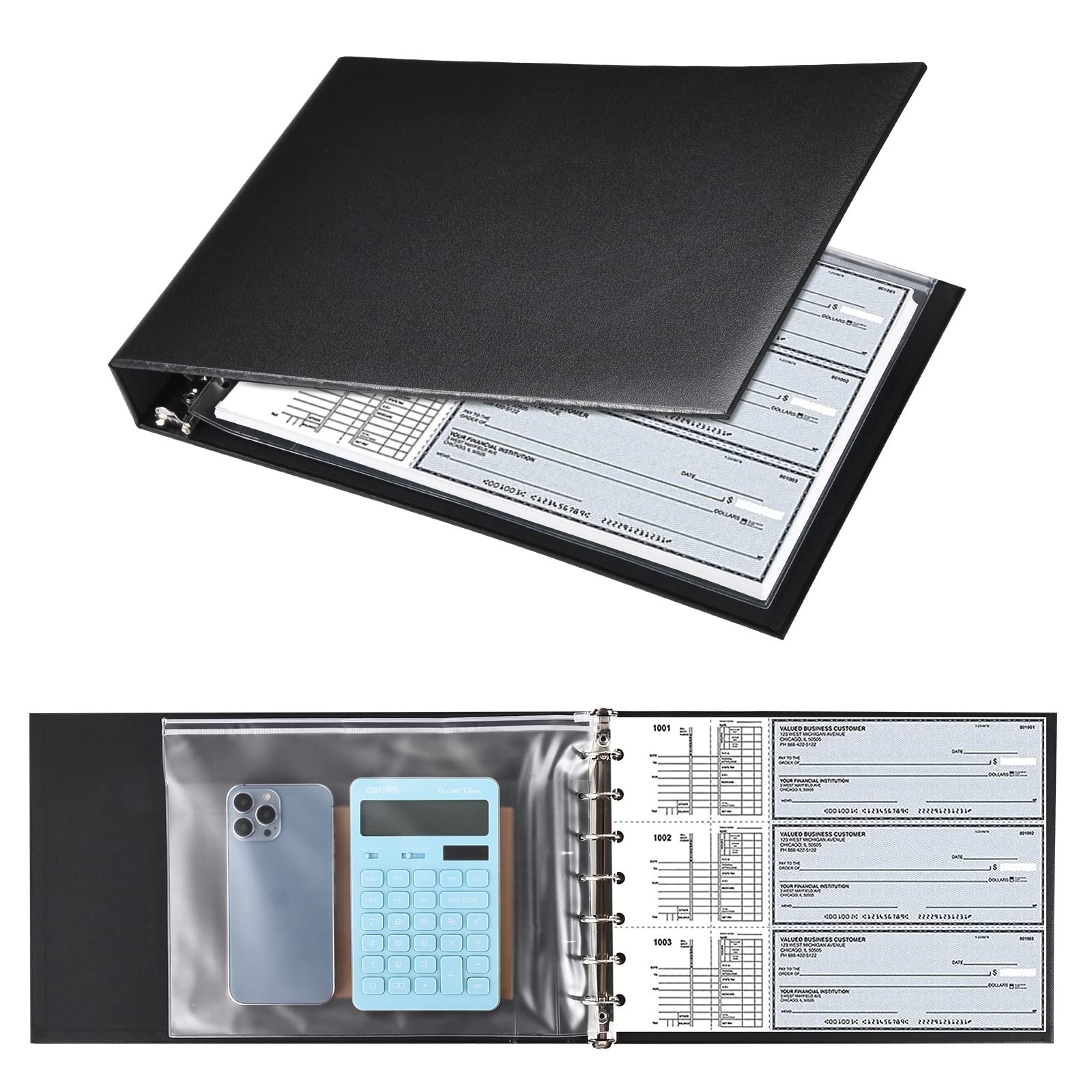 7 Ring Check Binder, 3-On-A-Page Business 14in x 9.75in x 2in, Black