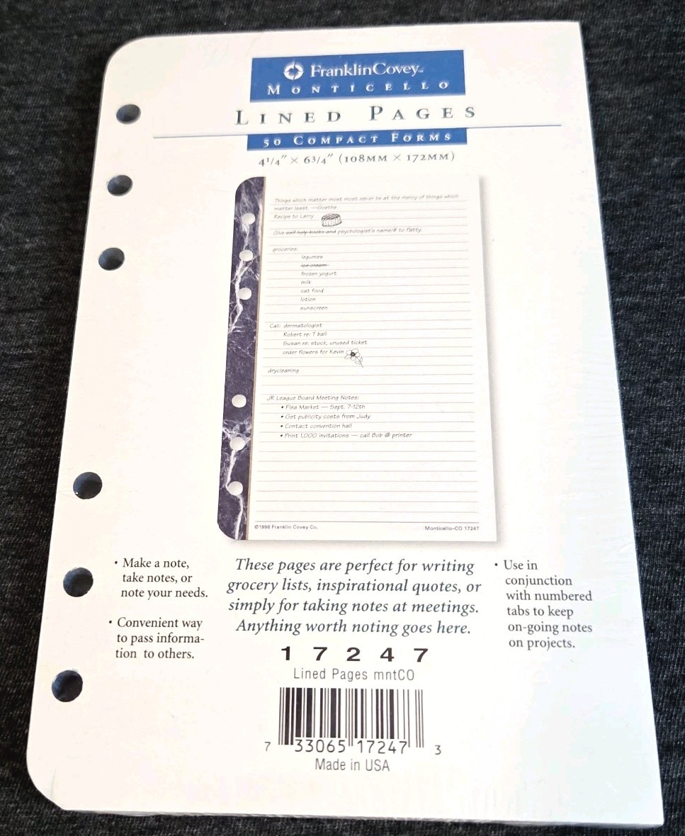 NEW 1998 Franklin Covey 50 Lined Compact Pages 4.25″ x 6.75″ Refills #17247