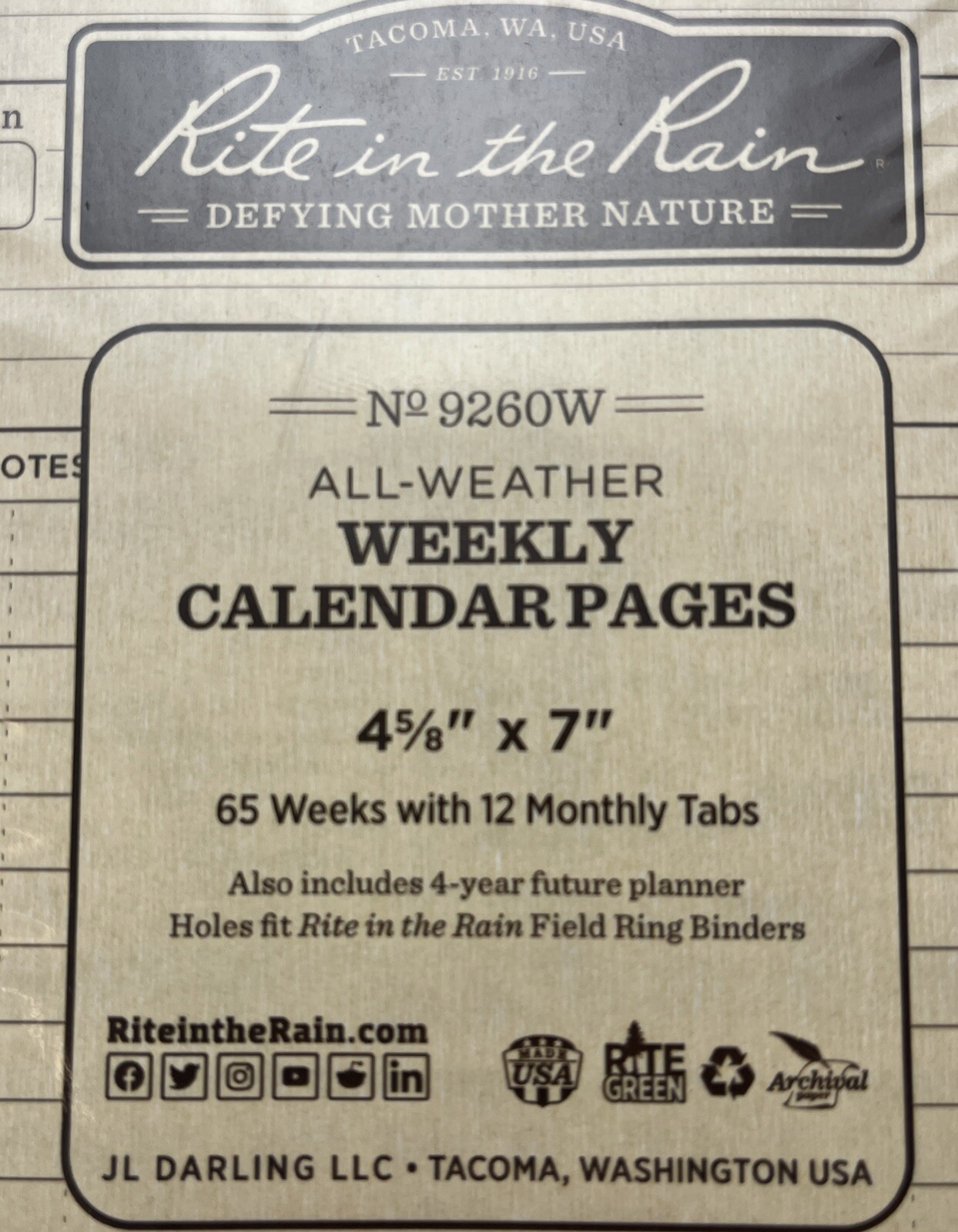Weatherproof Weekly Calendar Set, 5″ x 7″, Tan Sheets, 65 Weeks (No. 9260W)