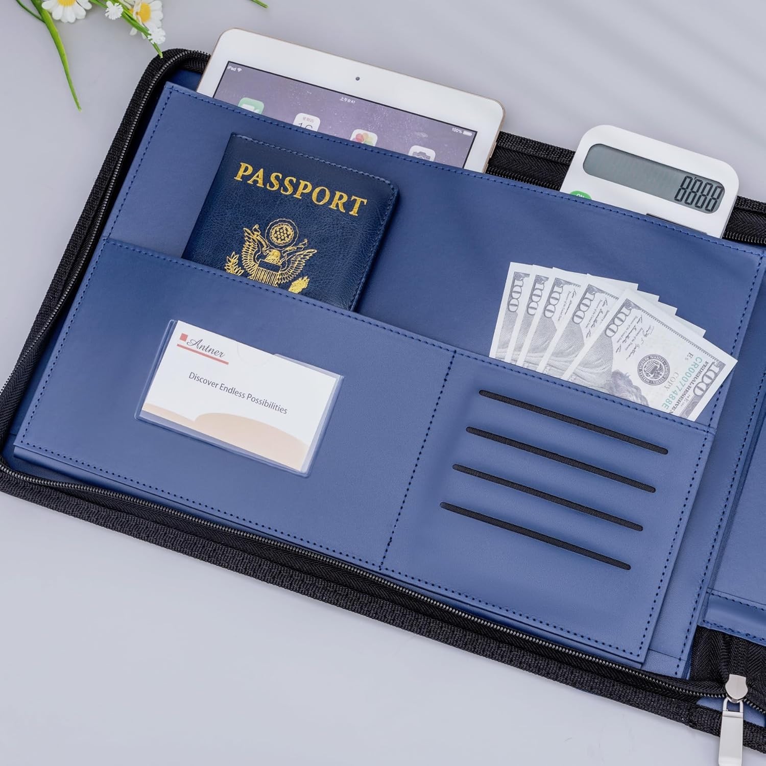 Zippered 7-Ring Business Checkbook Binder PU Leather 600 Checks Blue