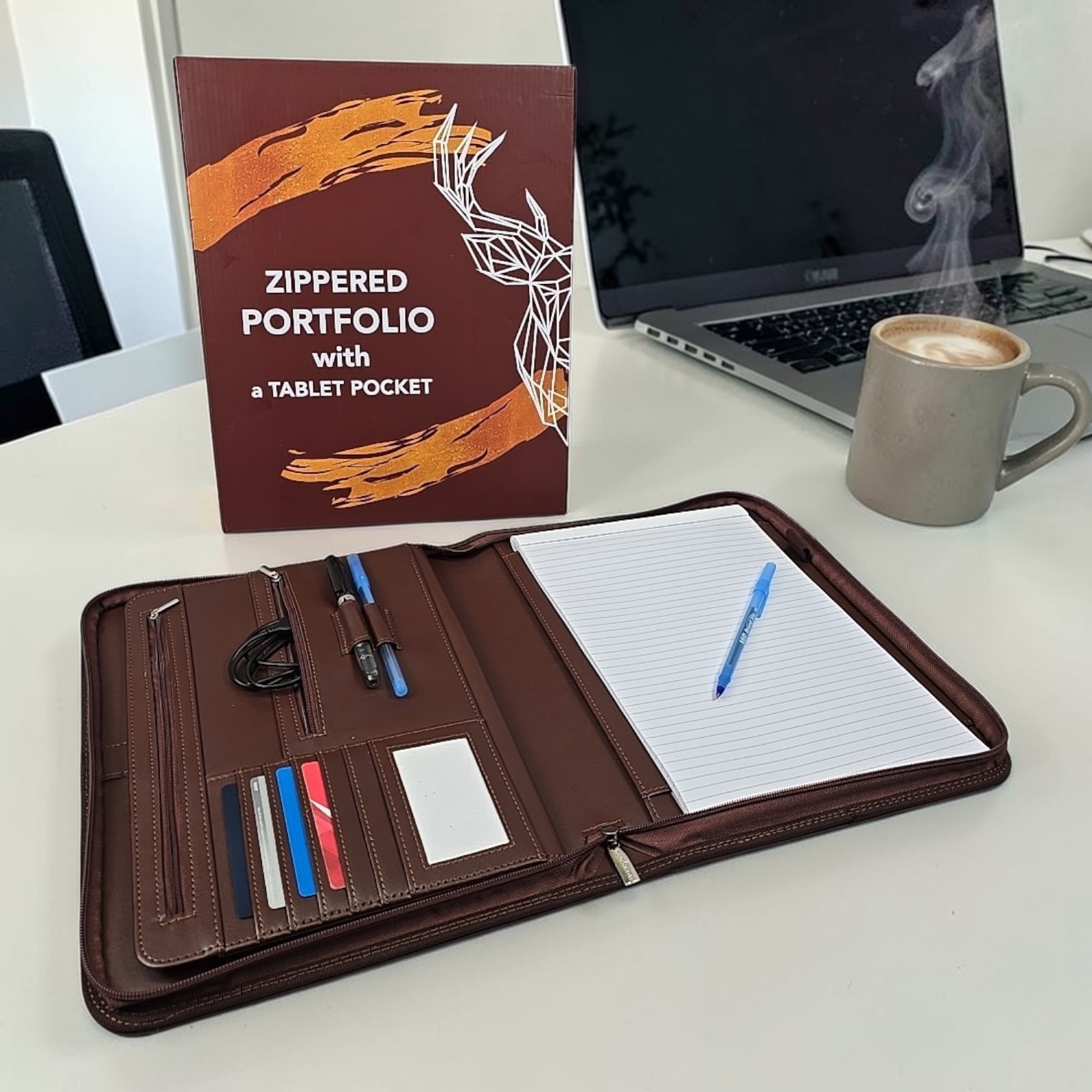 Wundermax Vegan Leather Portfolio Zipper Padfolio Organizer Notepad Tablet Brown