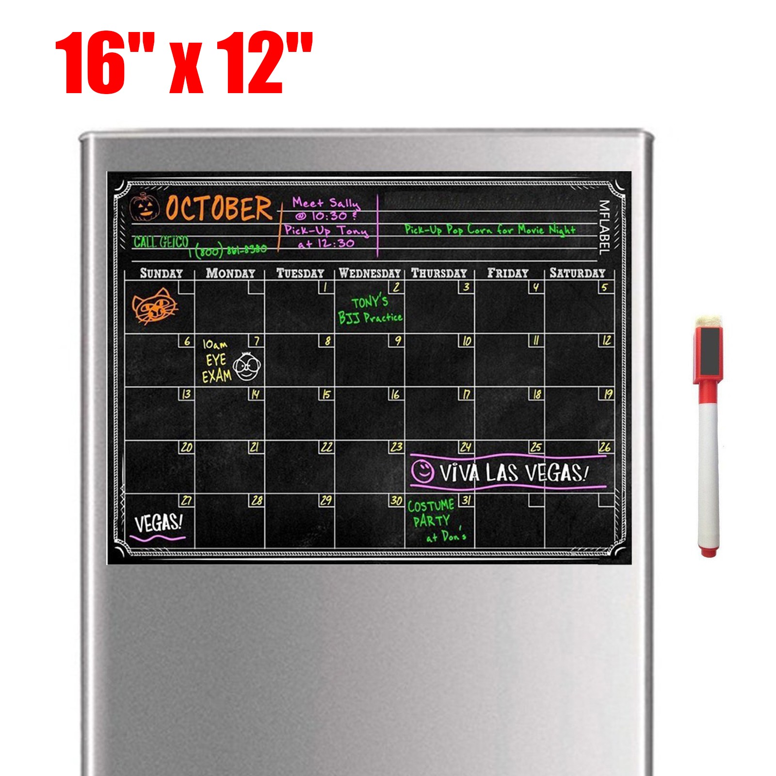 16″ x 12″ Dry Erase Boards Magnetic Refrigerator Message Flexible Black Calendar