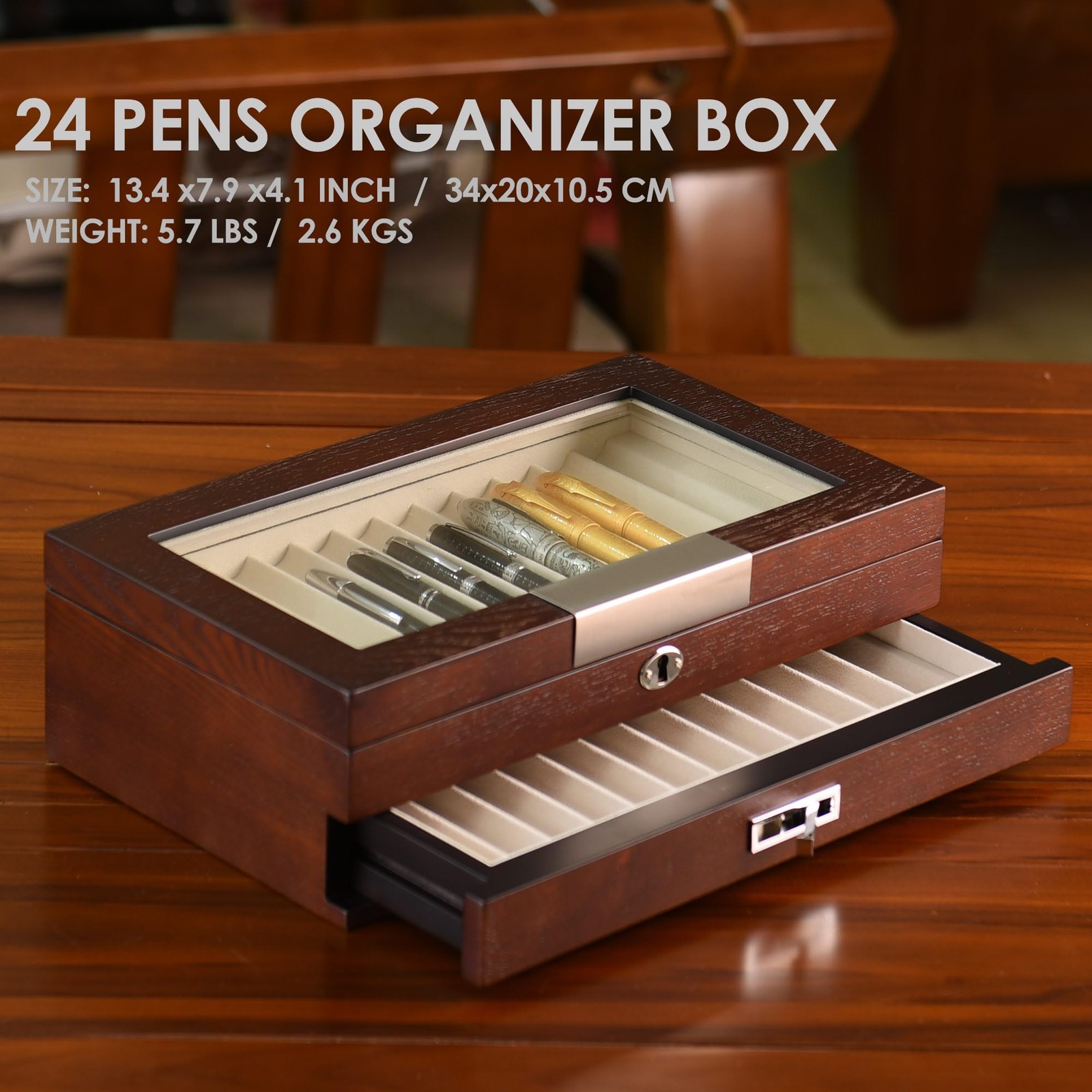 Wood Pen Organizer Box 24 Slot Fountain Pen Display Case with Drawer, Top Gla…