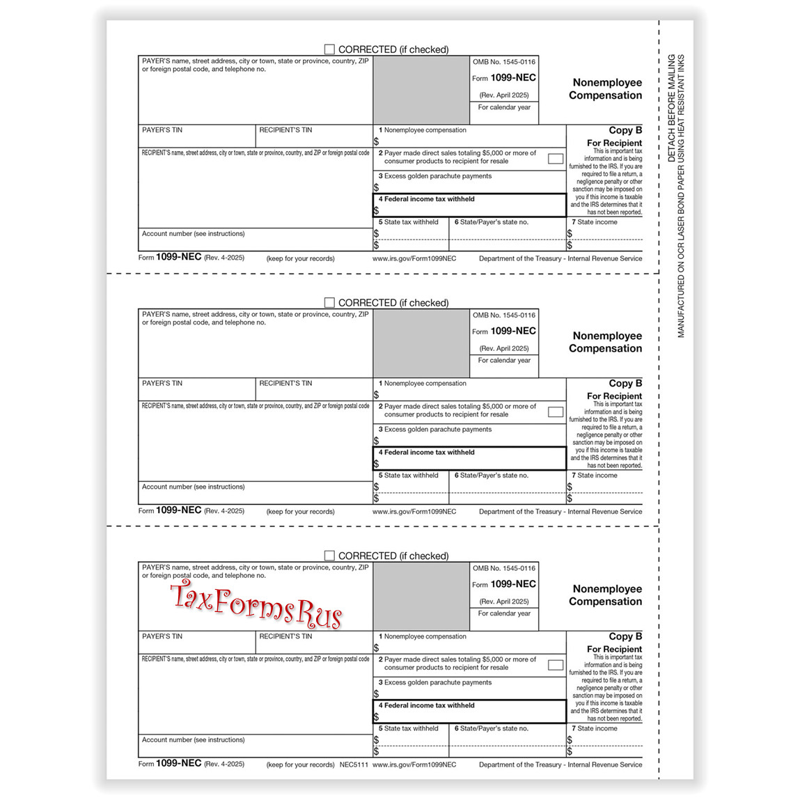 2025 IRS Tax Form 1099-NEC single sheet set LASER 3 recipients 4pt #N6103