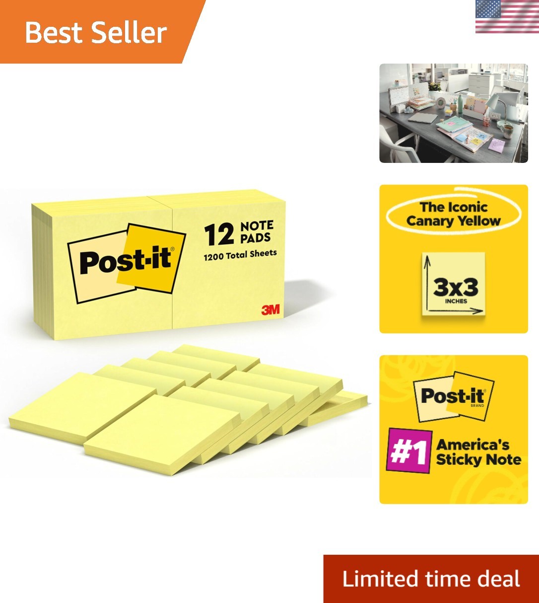 Eco-Friendly 3×3 Sticky Notes in Iconic Canary Yellow – 12 Pads for Daily Use