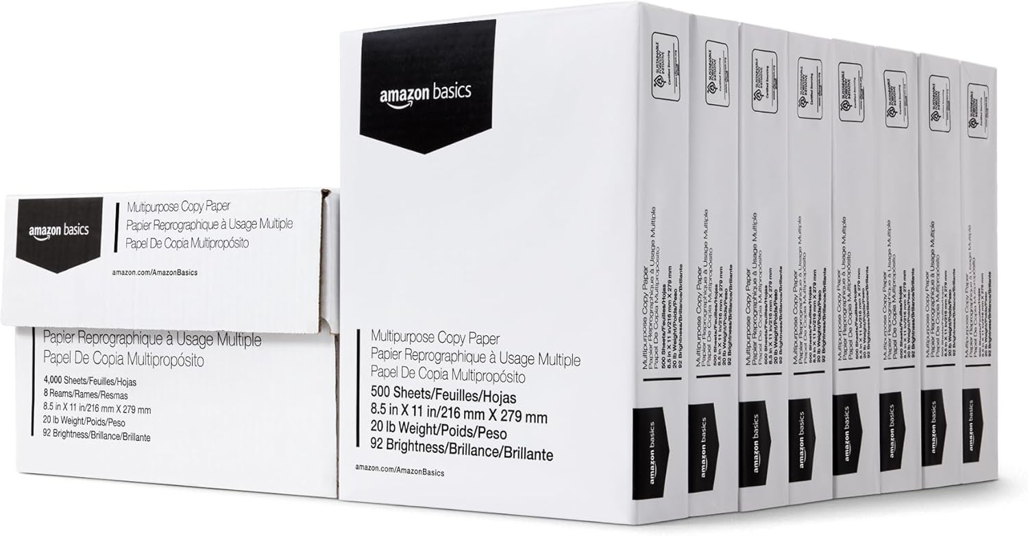 Amazon Basics Multipurpose Copy Printer Paper 8.5×11 20lb 8 Reams