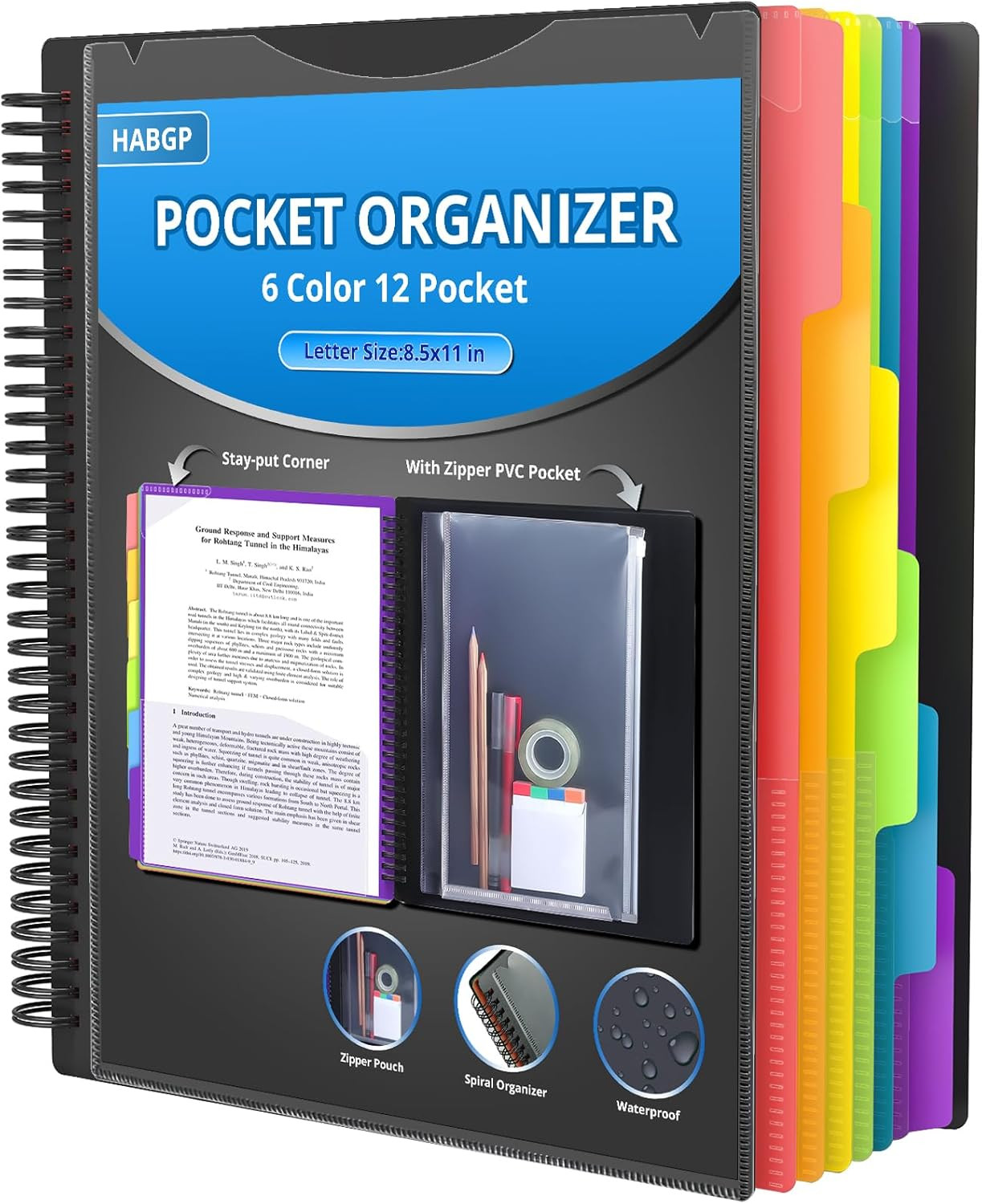 Multi-Color 12 Pocket Plastic Folder Binder with Dividers for Office and School