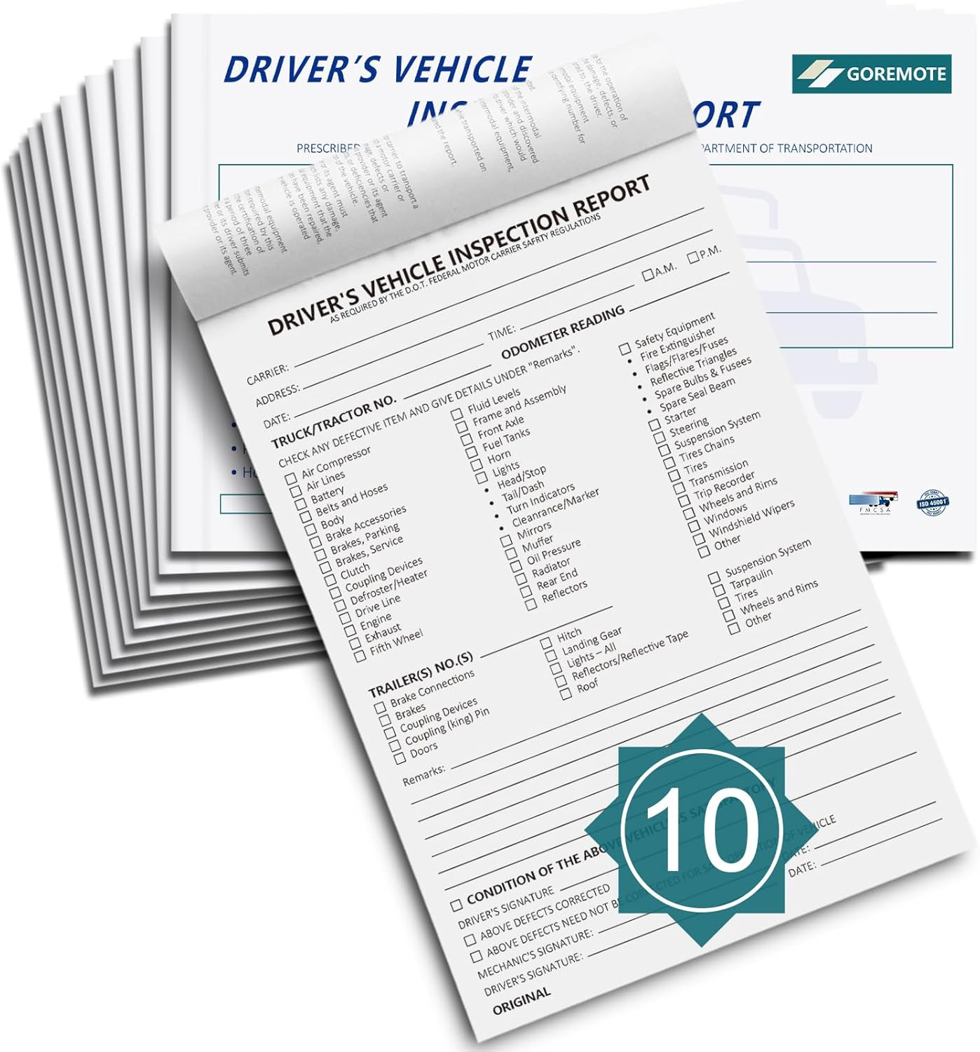 Detailed Driver’S Vehicle Inspection Report, 10 Pack, Pre Trip Inspection Book f