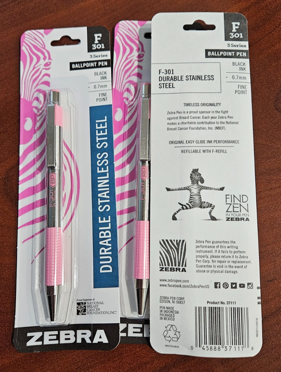 3 Zebra F-301 Stainless Steel Retractable Ballpoint Pen 0.7 BCA Pink Barrel F301