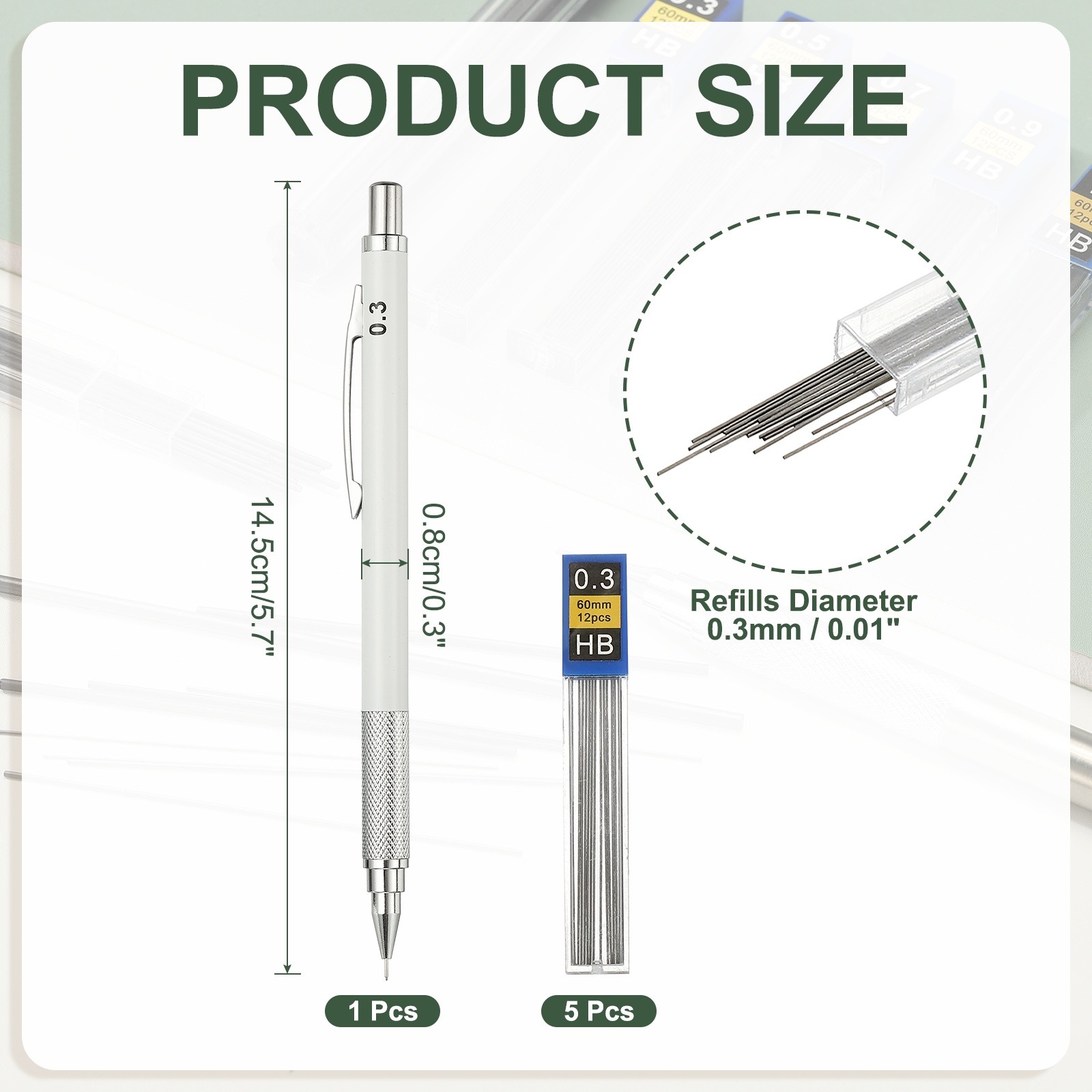 Mechanical Pencil 0.3mm Fine Point with 5Pcs Refills, White