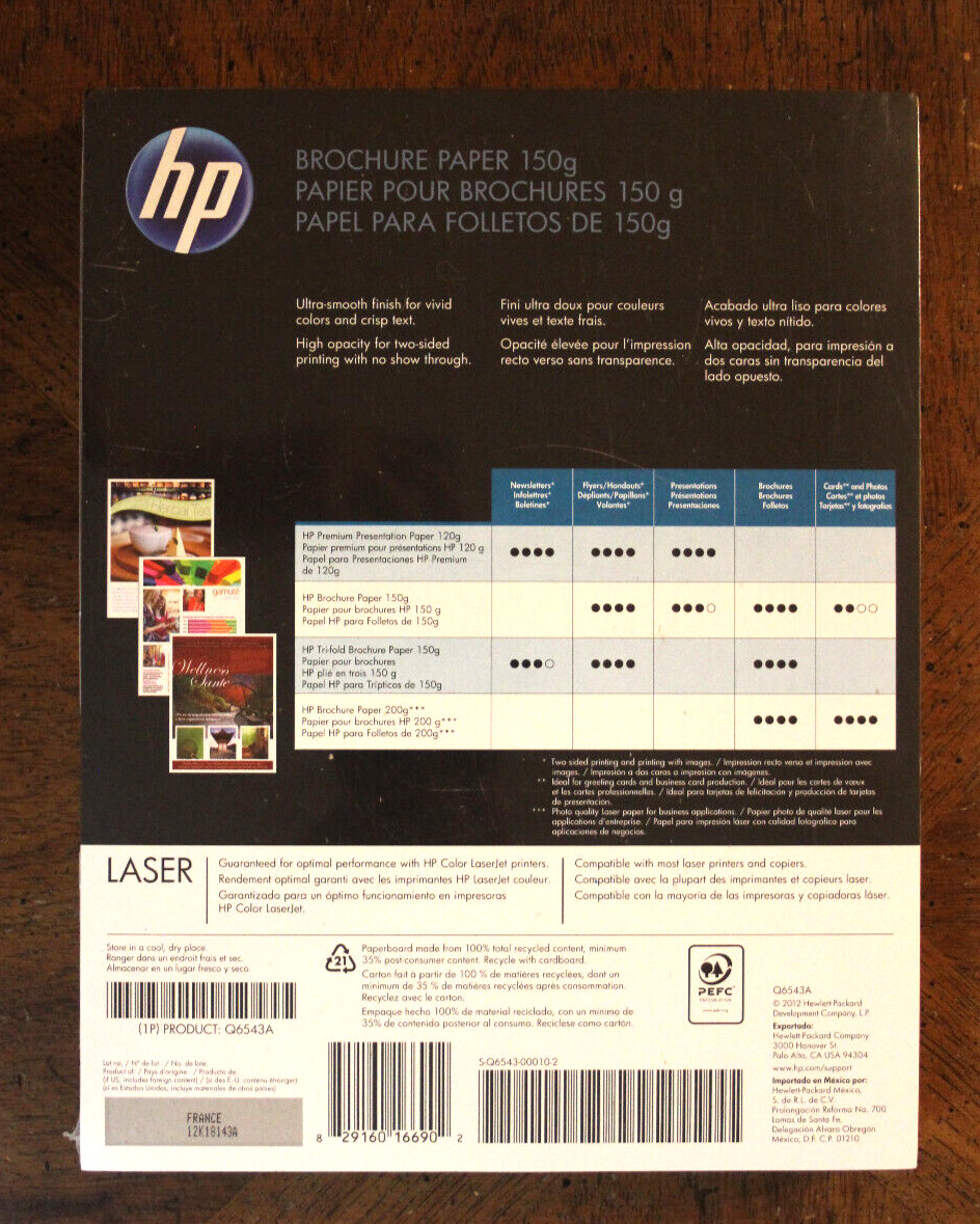 HP Hewlett Packard 150 Sheets Color Laser Brochure Paper 40lb Matte 150 g Q6543A