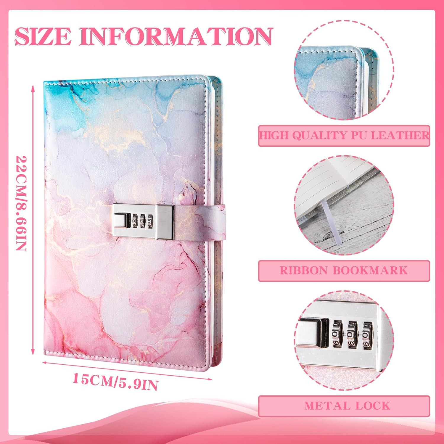 Diary with Lock, A5 Lockable Journal, PU Leather Combination Lock Diary, Lock Di