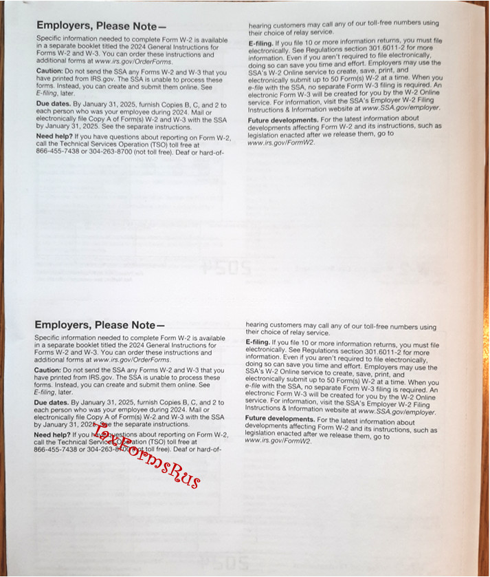2024 IRS Tax Forms W-2 Wage Stmts for 4 employees NON-Carbonless +(1) W3, NO Env